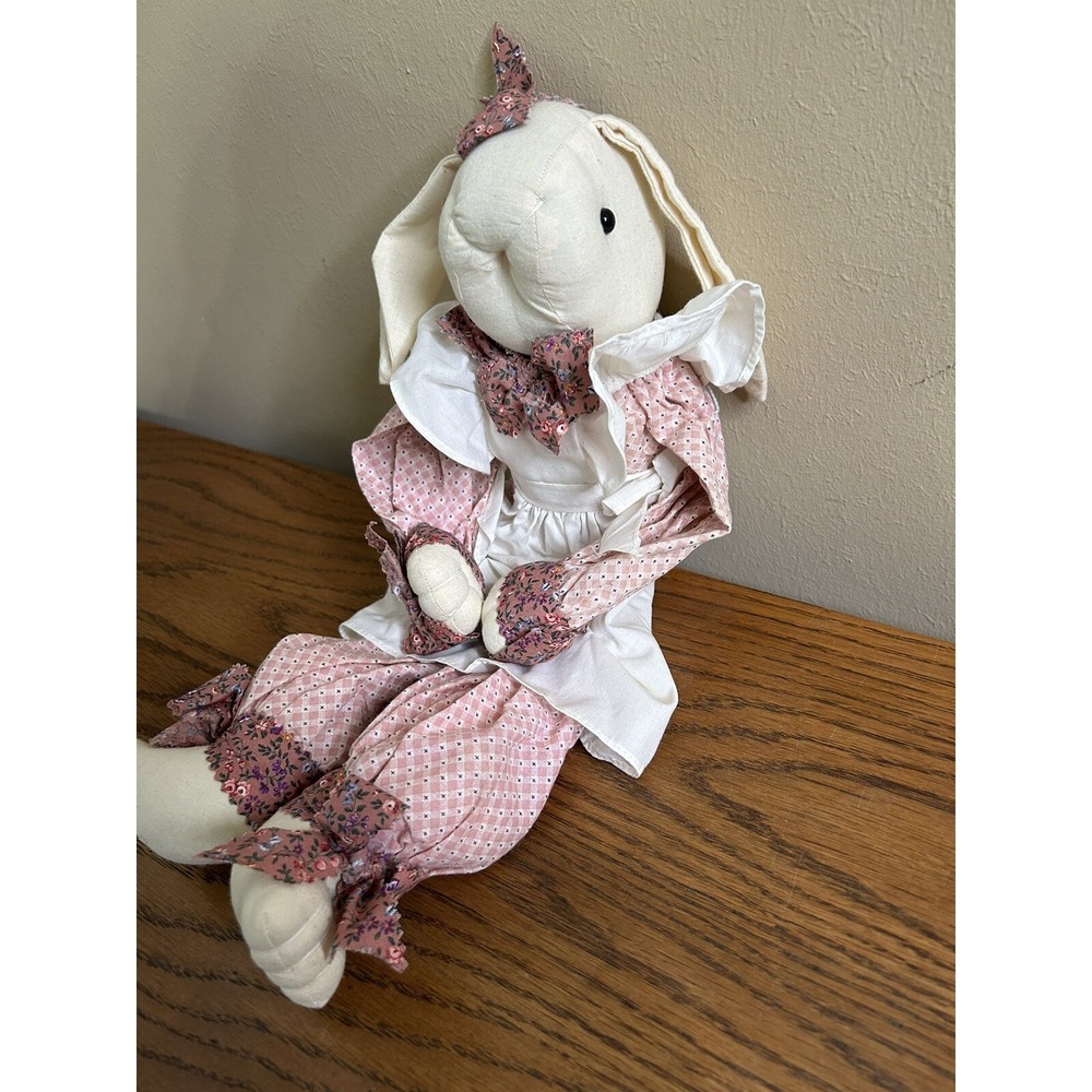 Country Primitive Bunny Rabbit Doll 18" Pink Bloomers and White‎ Apron